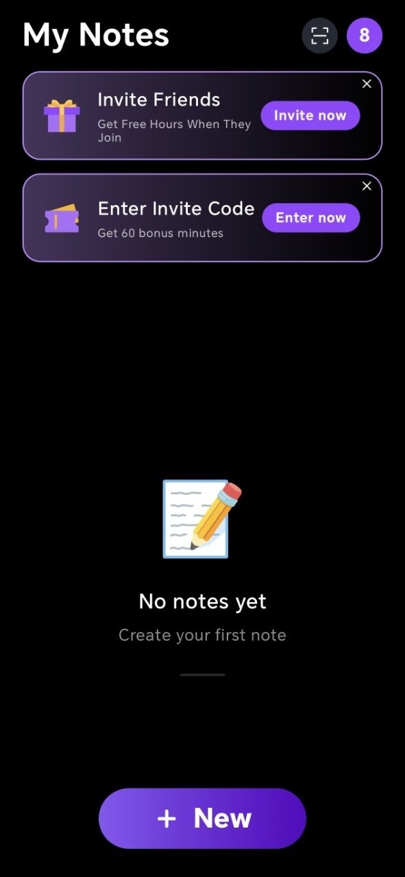 Notic 的 My Notes 界面：邀请好友横幅、Enter Invite Code 横幅与 New 按钮
