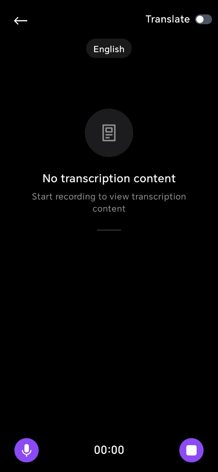 Notic 录音待开始界面：English 语言标签、Translate 开关与麦克风按钮