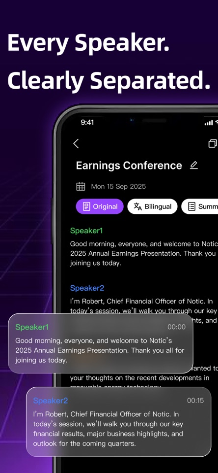 Notic 说话人分离界面：Earnings Conference 中 Speaker1 与 Speaker2 分色标注